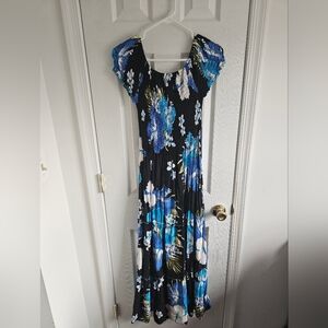 Chic Handpainted Floral Maxi Dress in Blue and Black